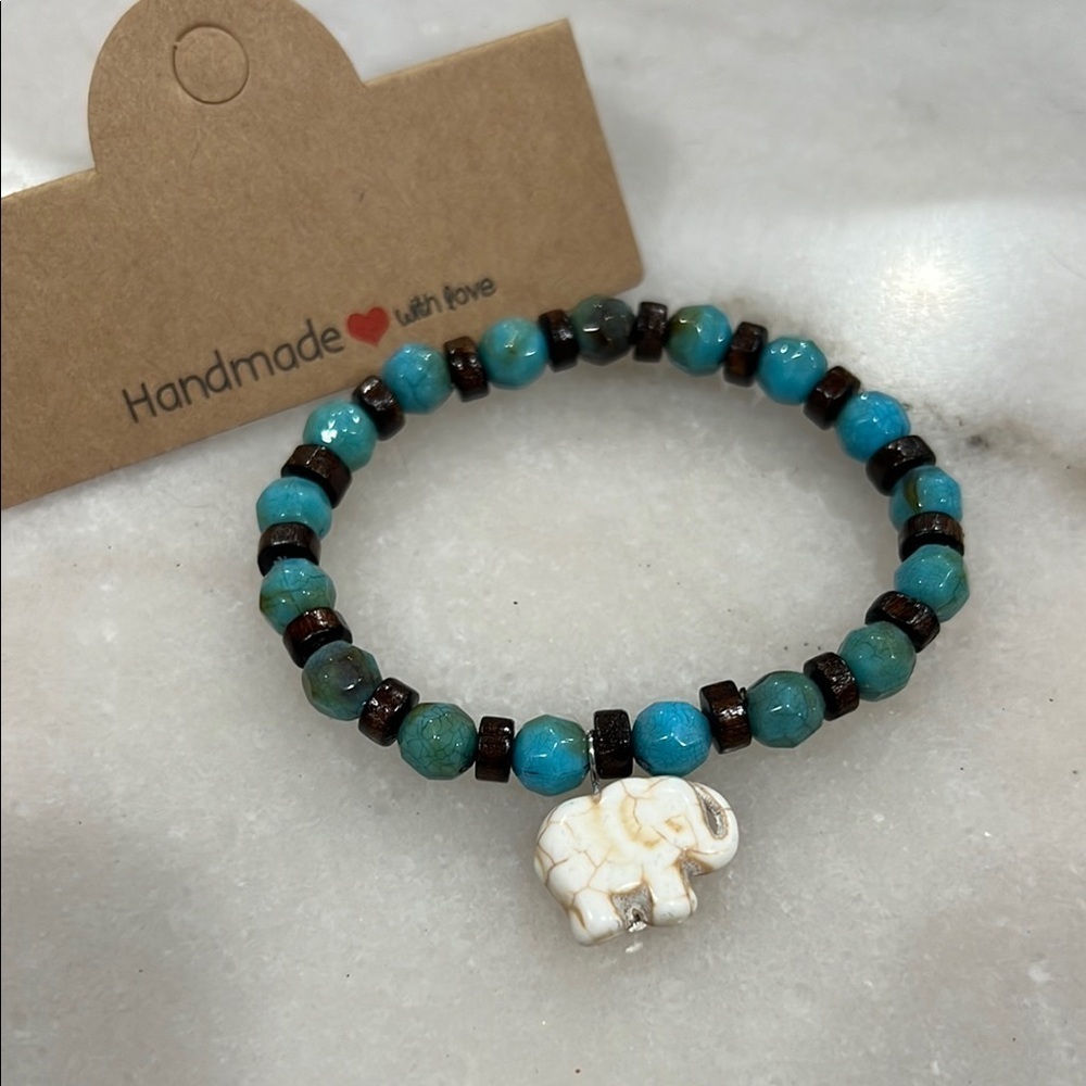 Turquoise and Brown Beaded Bracelet with Elephant Charm